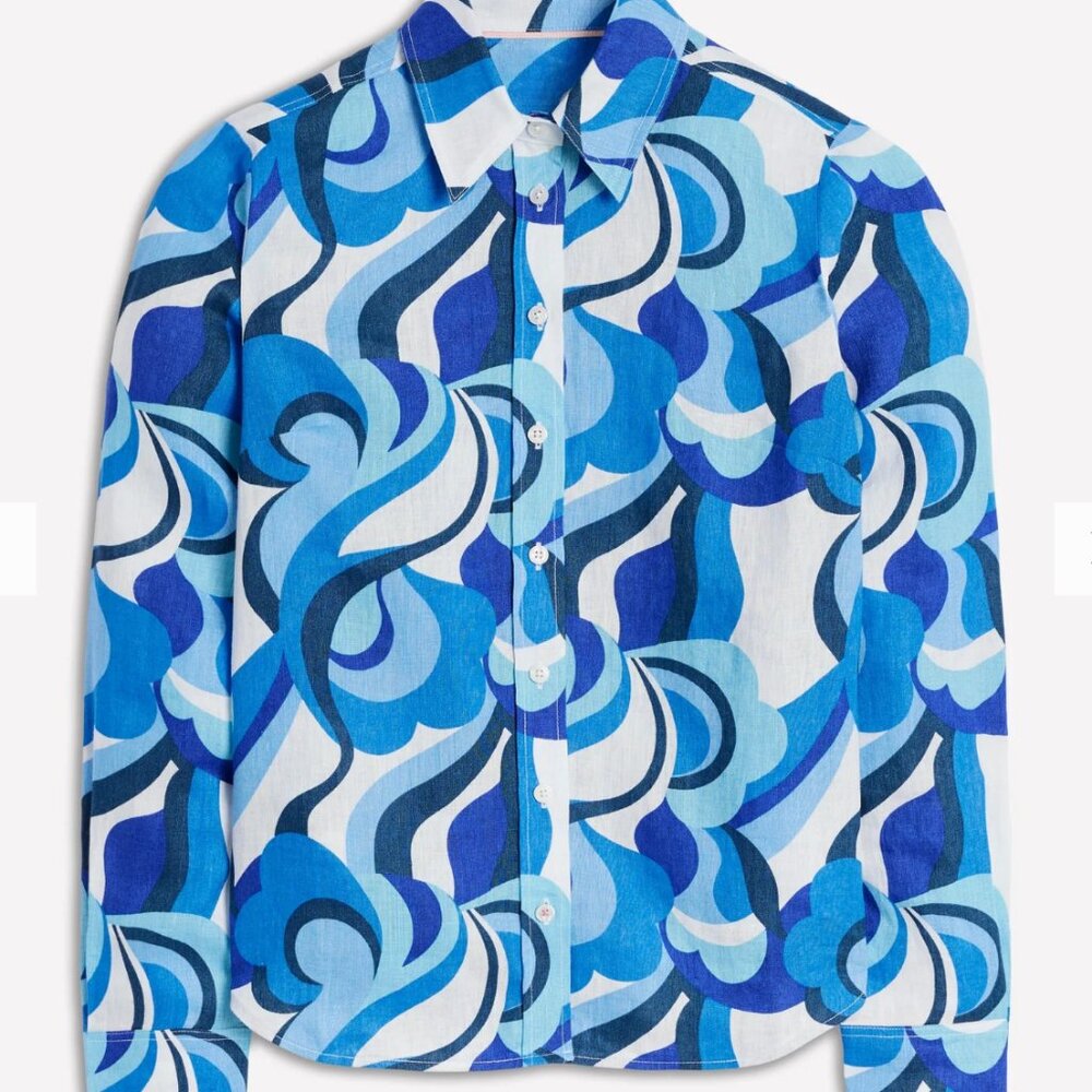 Sienna Linen Shirt blue Multi Abstract Swirl linen 12 NWT 60s Pucci style